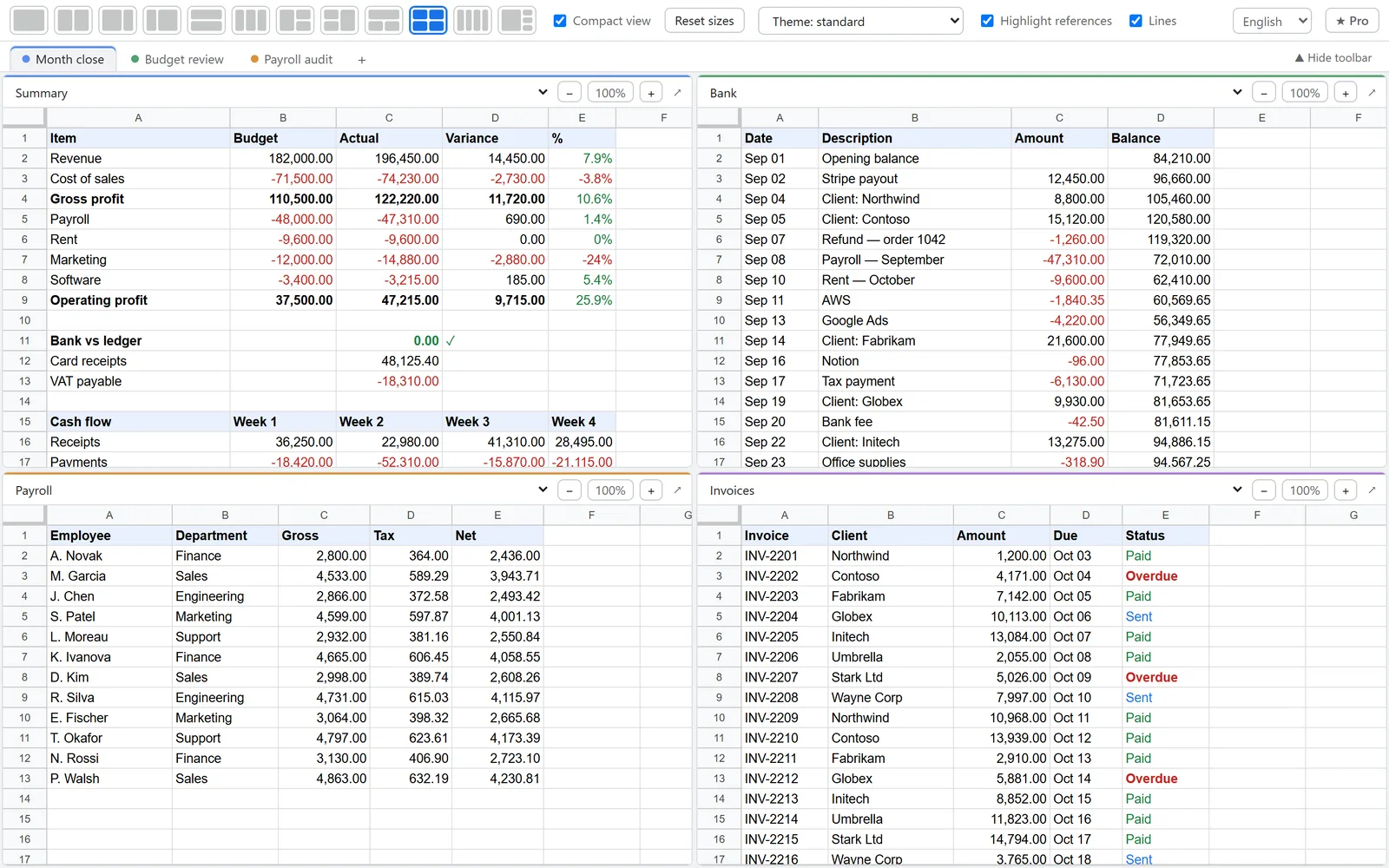 Up to 4 sheets on one screen